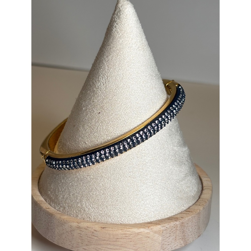 Vintage J.Crew Pavé Rhinestone Hinged Bangle Bracelet Latch Navy Blue Gold Tone